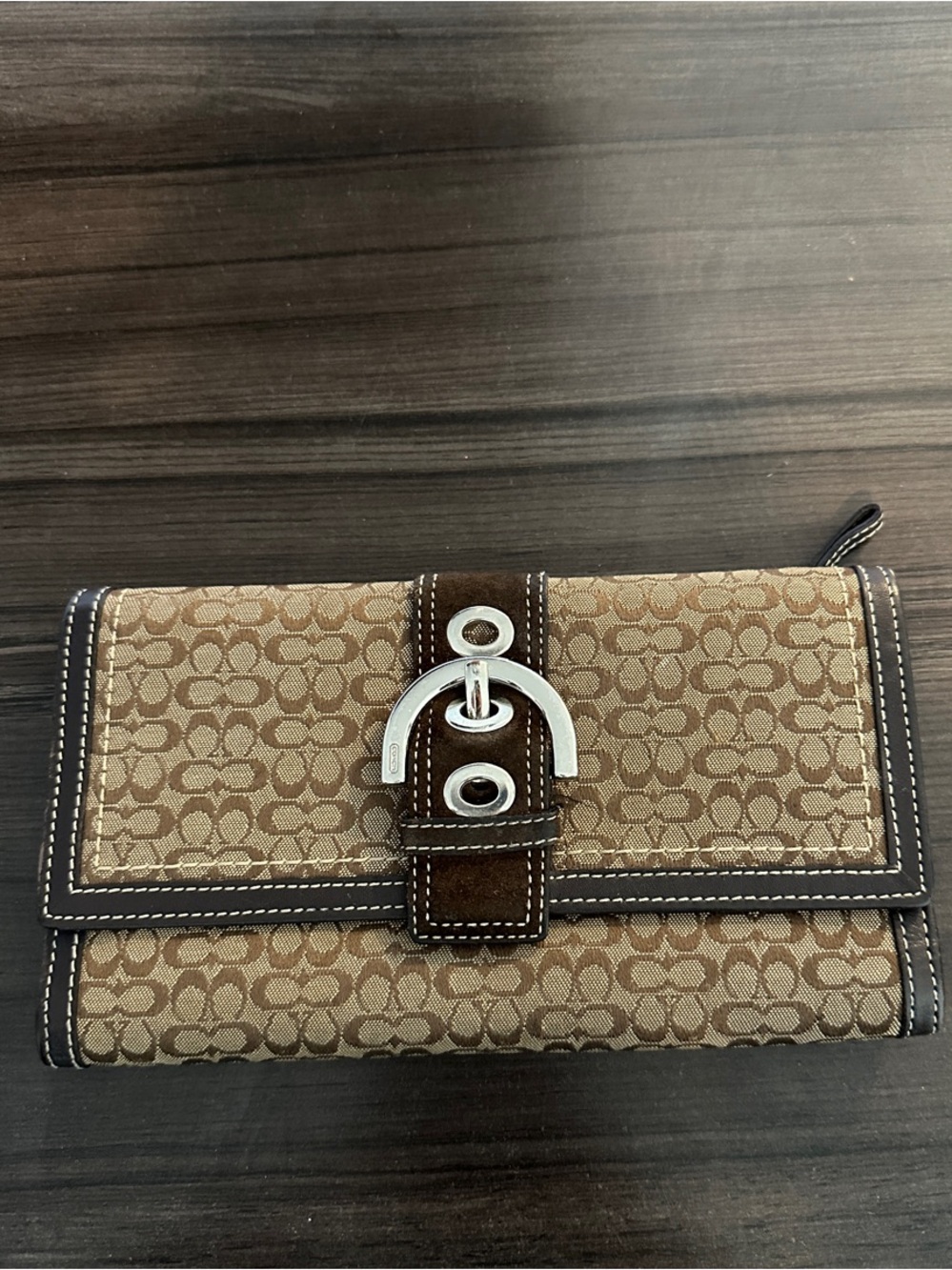 Coach Brown Signature Canvas Wallet with Silver Accent